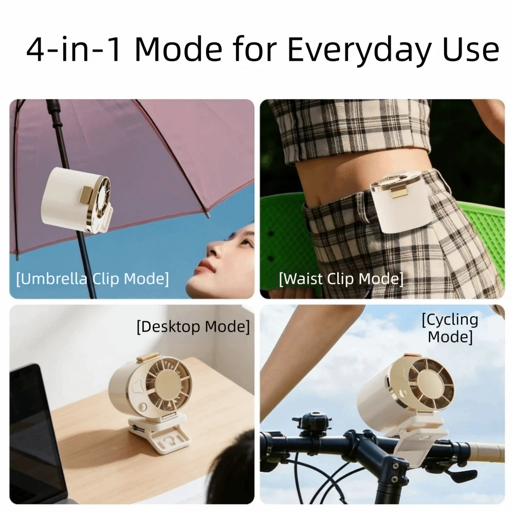 3 Speeds Adjustable Portable Handheld Fan Quiet Operation USB Rechargeable Umbrella Hanging Waist Fan Clip-on Handheld Oasis Select