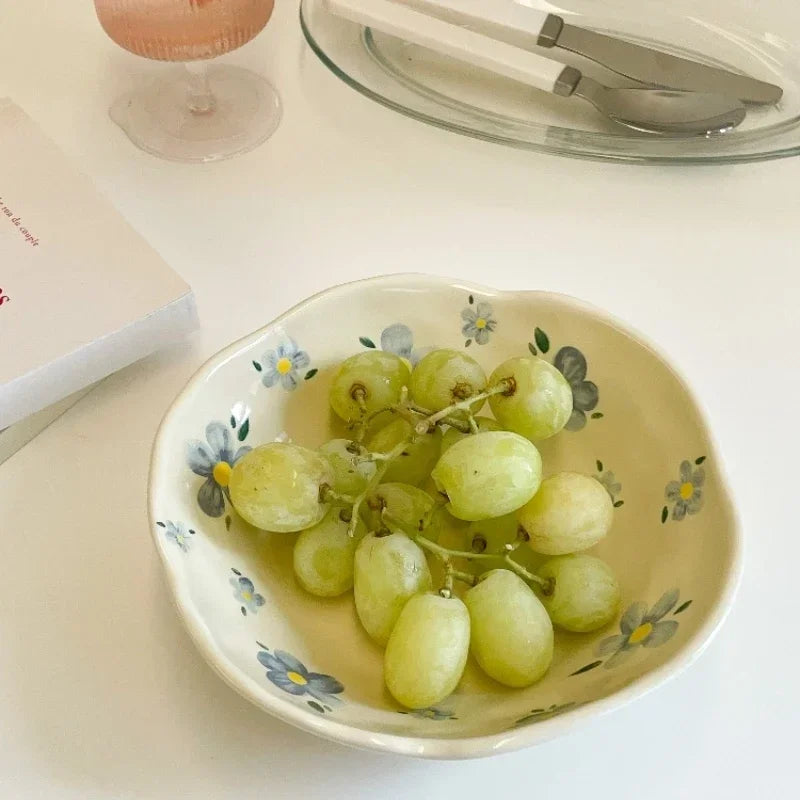1PCS Ceramic Salad Bowl Hand Pinched Irregular Ins Korean Style Cream Yellow Yogurt Bowl Oatmeal Breakfast Plates Flower Bowl Oasis Select