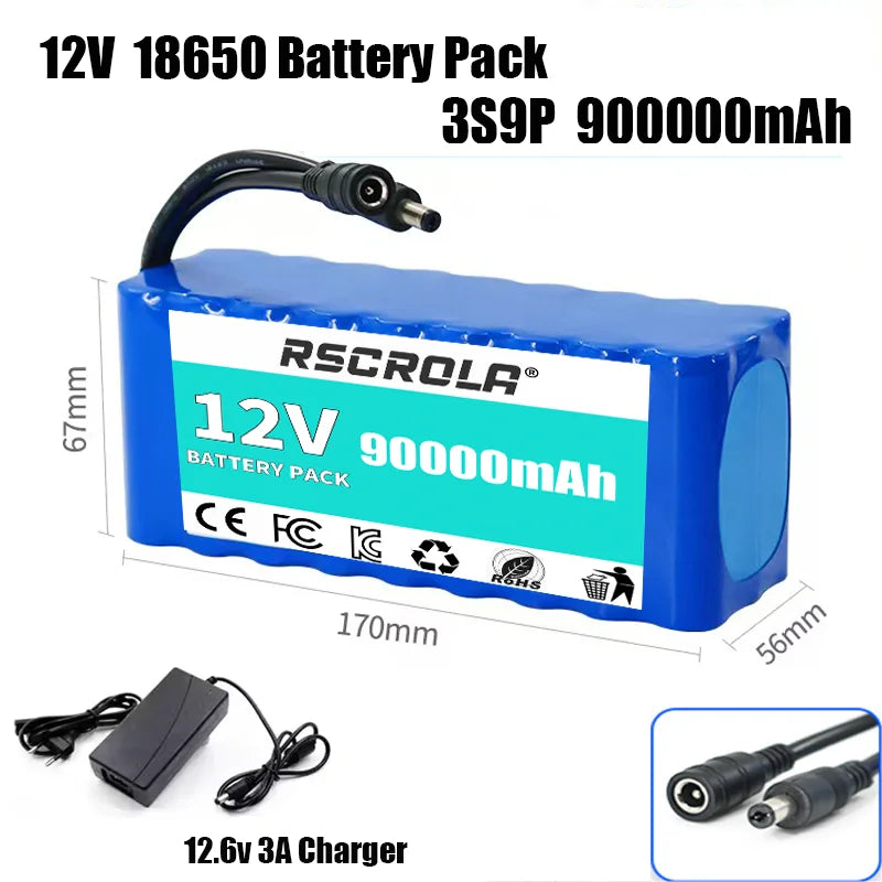 Rechargeable 12V 18650 Lithium Battery Pack with BMS, for Solar, LED Light, RC Model, Power Supply, Long Cycle Life with Charger Oasis Select 3s9p 90Ah