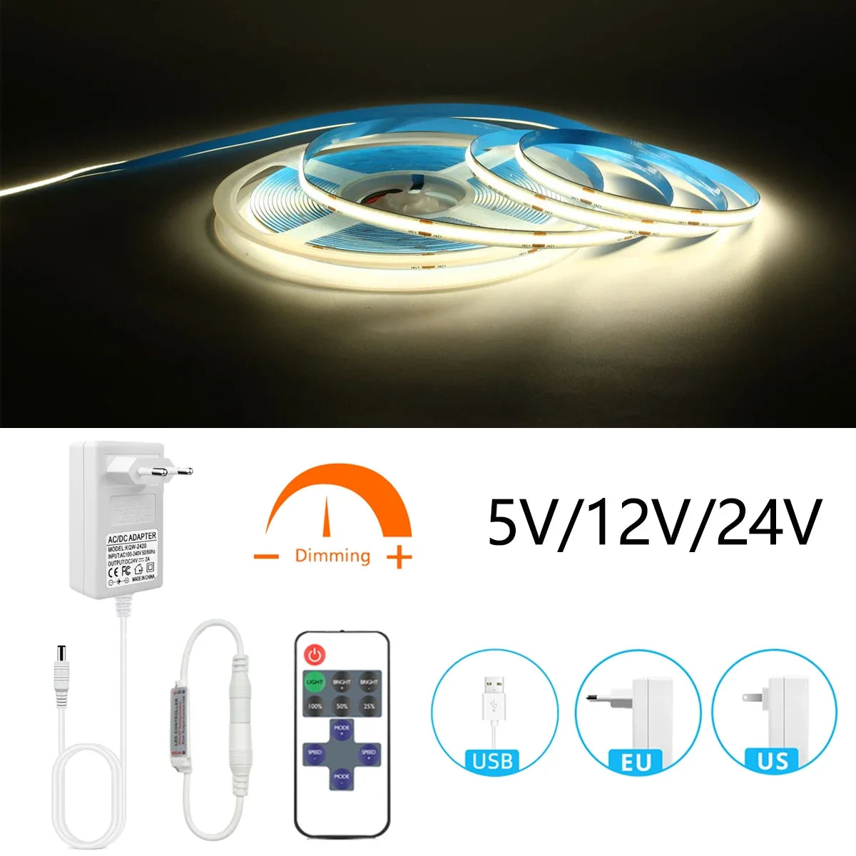 5V 12V 24V Dimmable COB LED Strip USB Plug/EU Plug RF Remote Control 320LEDs/M Kitchen Living Room Backlight Decor Night Light Oasis Select