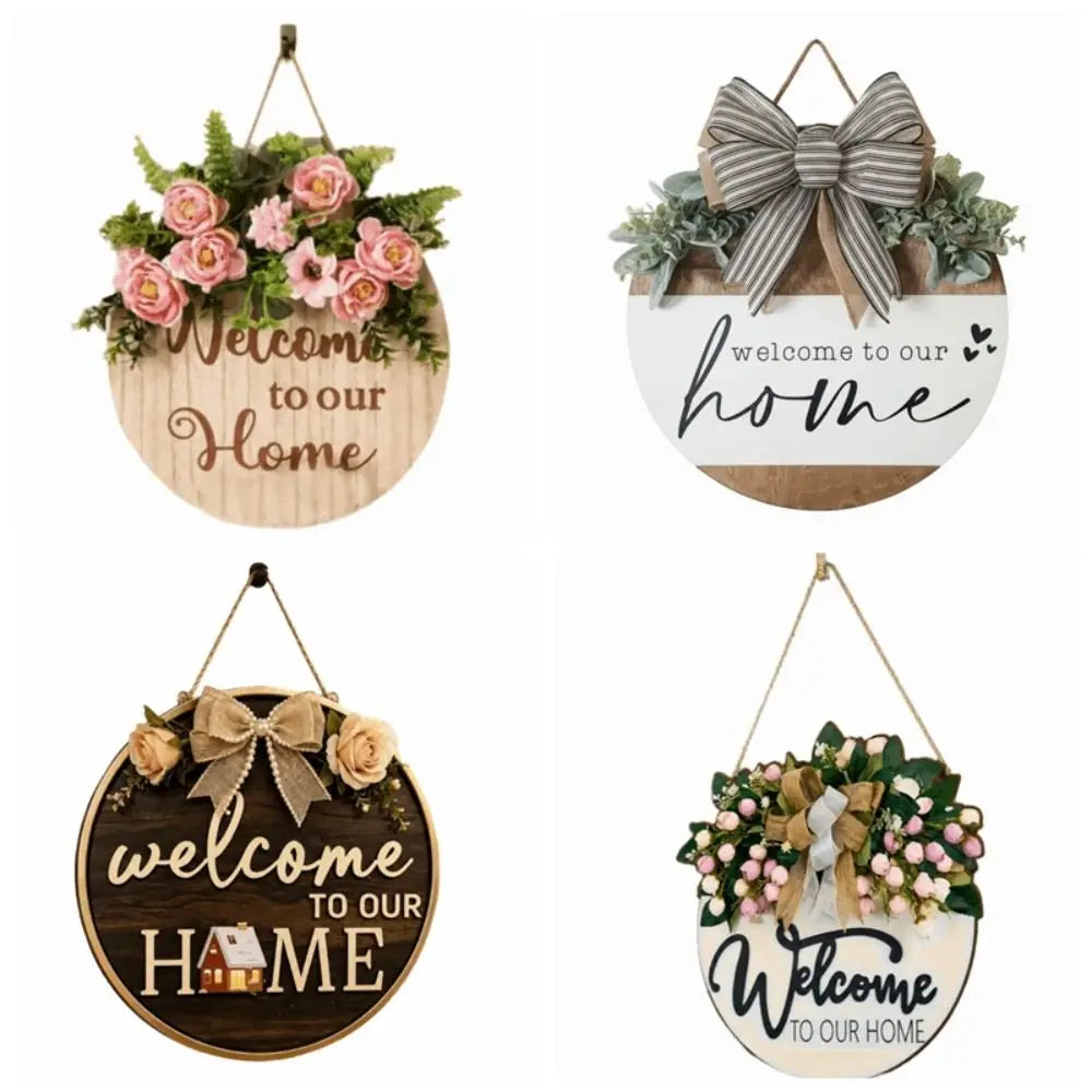 Creative 2D Flat Welcome Sign Wooden Bow Knot Hanging Decoration Flower Round Shape Wall Art Porch Decor Oasis Select