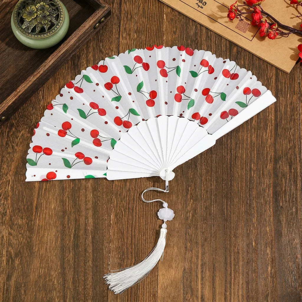 Portable Fruit Pattern Folding Hand Fan Plastic Frame Fabric Fan With Tassel Summer Cooling Fans Dance Performance Home Decor Oasis Select 2