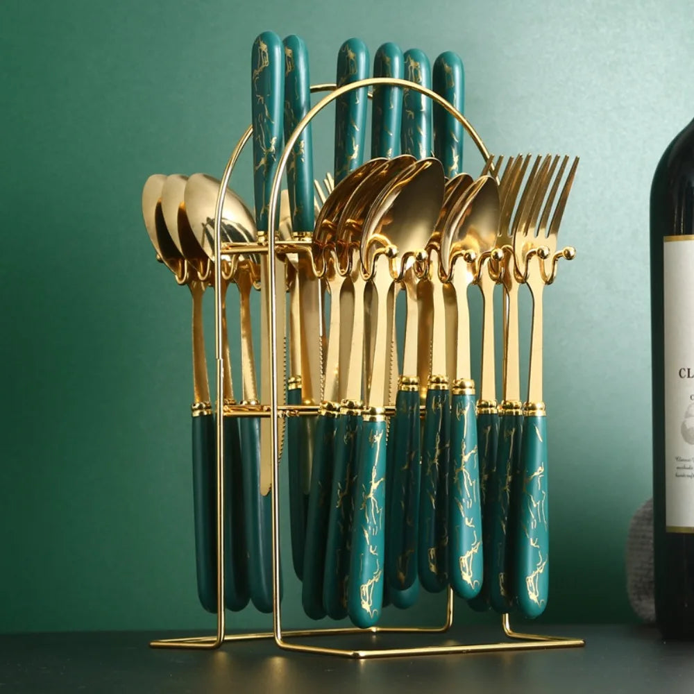 24-Piece Marbled Stainless Steel Cutlery Set with Storage Rack Cutlery Flatware Set Oasis Select