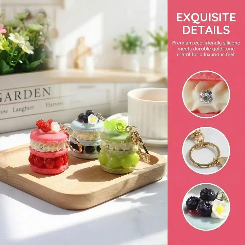 Fruit Macaron Cake Keychain Realistic Dessert Pendant Cute Fun Bag Accessories for Girls Key Ring Holder School Bag Charm Oasis Select