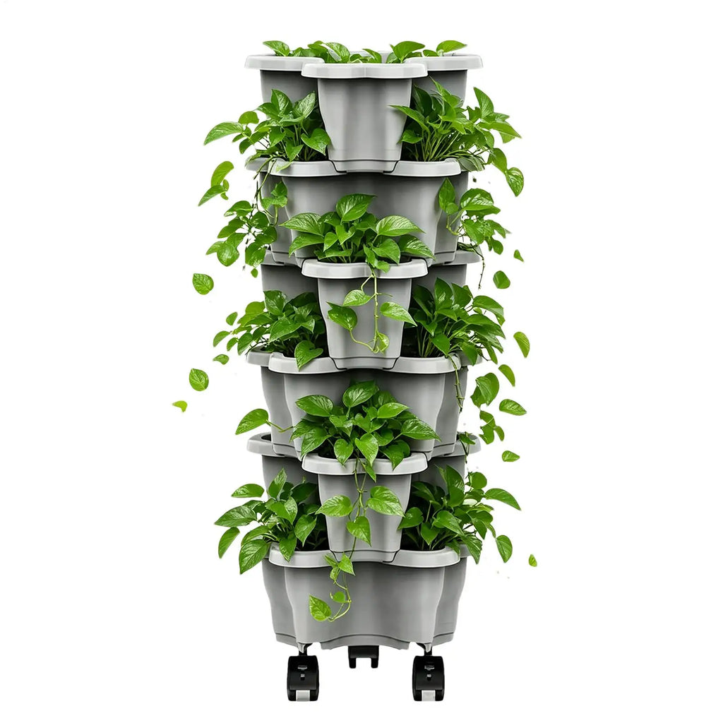 6 Tier Vertical Tower Stackable FlowerPot Multi-layer Plastic Flower Pot with Movable Casters Strawberry Planter Tower Home Gard Oasis Select