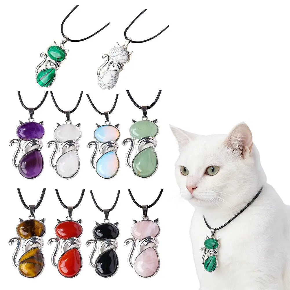 Natural Stone Cat Pendant – Amethyst, Tiger Eye & Crystal