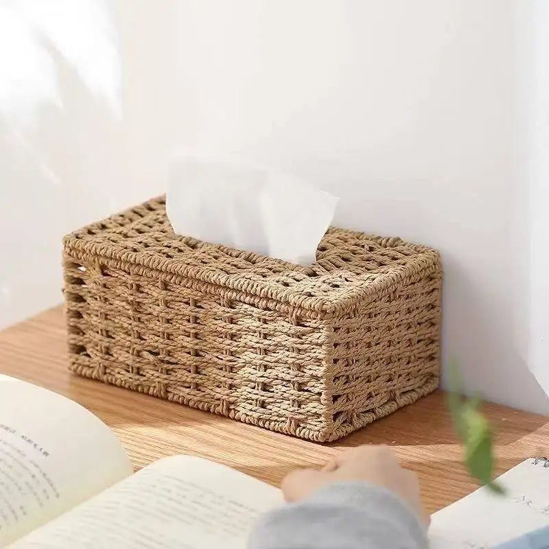 Woven Tissue Storage Box Imitation Rattan Woven Grass Tissue Box Luxury Tissue Paper Holder Home Living Room Table Decoration Oasis Select