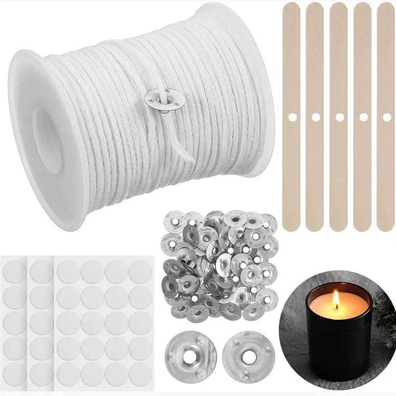 Cotton Candle Wick Roll, 100Pcs Metal Sustainers 3Sheet Candle-Wick Stickers 5Pcs Wooden Candle-Wick Centering,Candle Making Kit Oasis Select