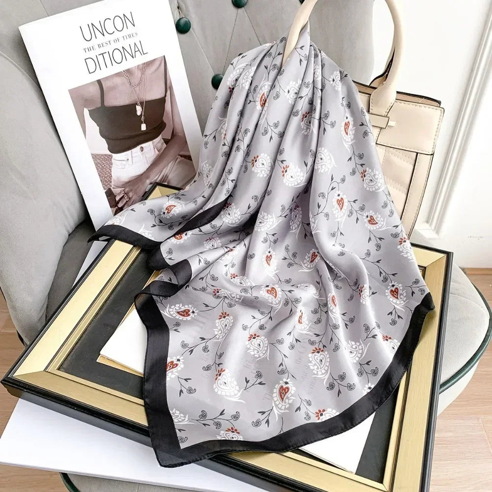 Versatile Casual Women's Hairbands 70x70cm Printed Shawls Wraps Imitation Silk Neck Tie Hijab for Women Oasis Select 70x70cm Black