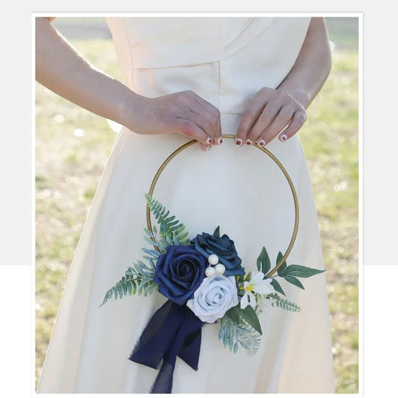 Bridesmaid Gold Hoop Bouquet for Wedding Bridal Shower Ceremony Artificial Rose Flower Hoop Wreath Front Door Wall Decoration Oasis Select