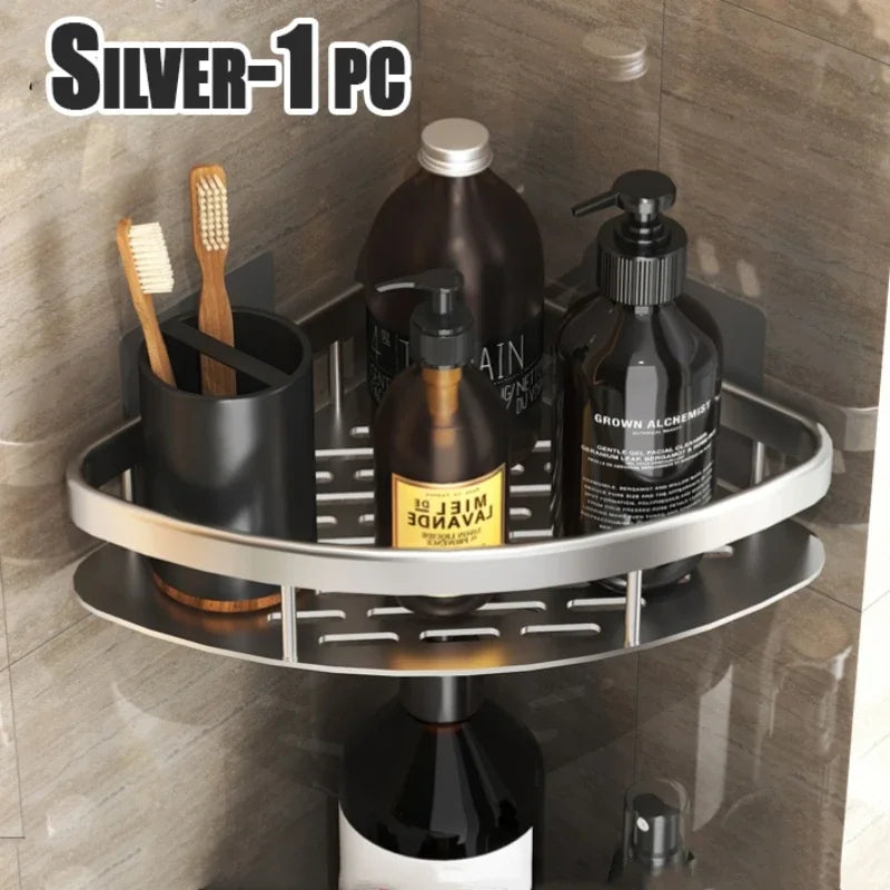 Bathroom Shelf Kitchen Storage Organizer Aluminum Alloy Shampoo Rack Shower Shelf Bathroom Accessories No Drill Shelf Oasis Select StyleA-Silvery-1PC