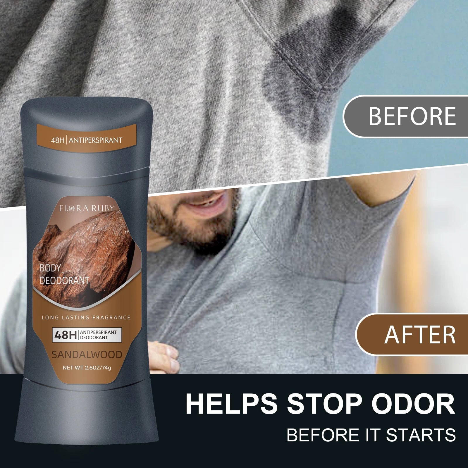 Men Sandalwood Deodorant Stick Anti Sweating Keep Drying Lasting Fragrance Remove Armpit Odor Underarm Refresh Sticks 74g Oasis Select