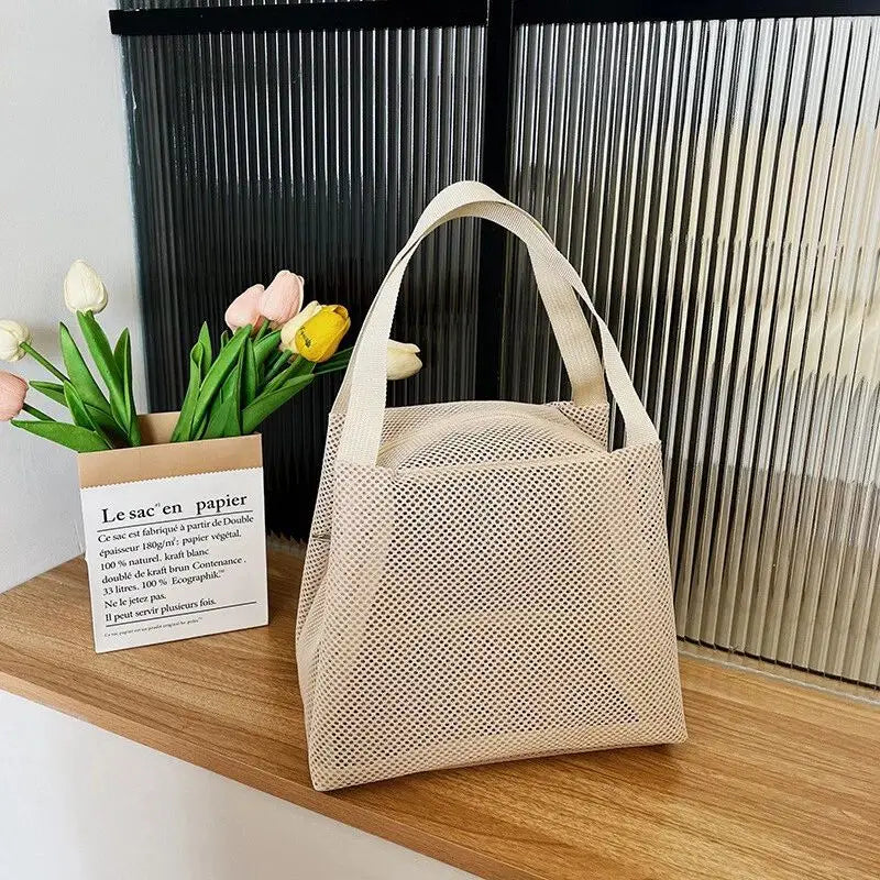 New Large Capacity Mesh Bag with handle Travel Toiltery Makeup Bag Portable Beach Bag Cosmetic Zipper Pouch Oasis Select Beige