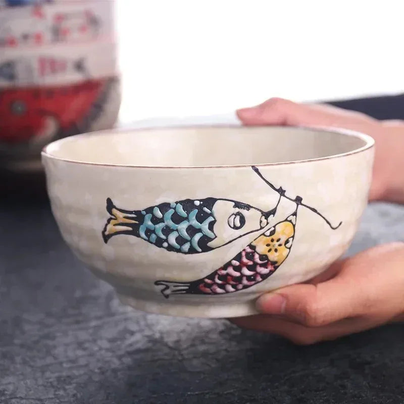 Japanese-style Cartoon Cat Fish Printed Rice Bowls Hand Drawn Animal Pattern Tableware Food Container For Home Daily Dining Oasis Select