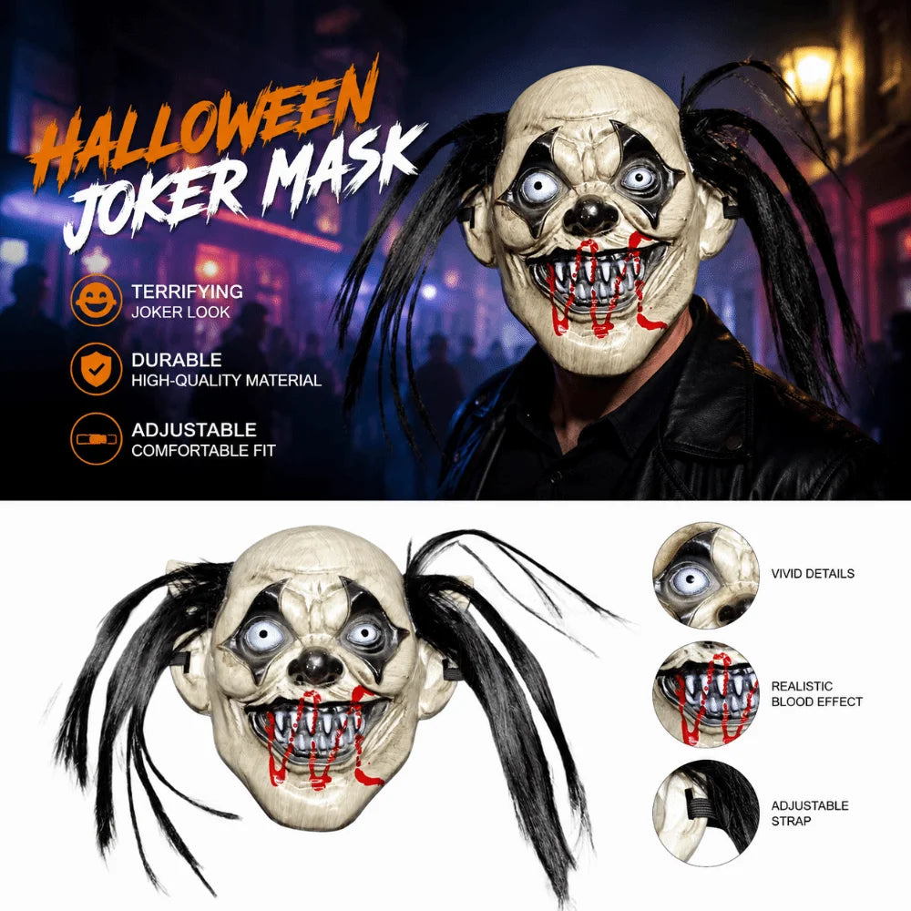 Facepiece Realistic Halloween Joker Mask Creativity Blood Scar Full Face Mask Funny Spooky Scary Joker Headgear Masquerade Oasis Select