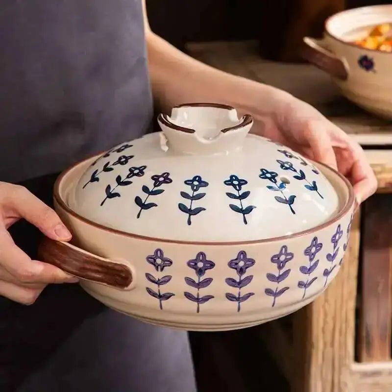 Japanese Ceramic Casserole Stew Pot Household Cooking Gas Retro Flower Pattern Soup Pots High Temperature Resistant Cooking Pot Oasis Select