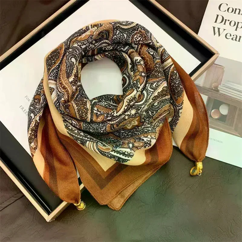 70*70 Square Scarf Retro Print Silk Scarf With Magnetic Buckle Women Neck Scarf All-match Shawl Fashion Headscarf Accessory Gift Oasis Select