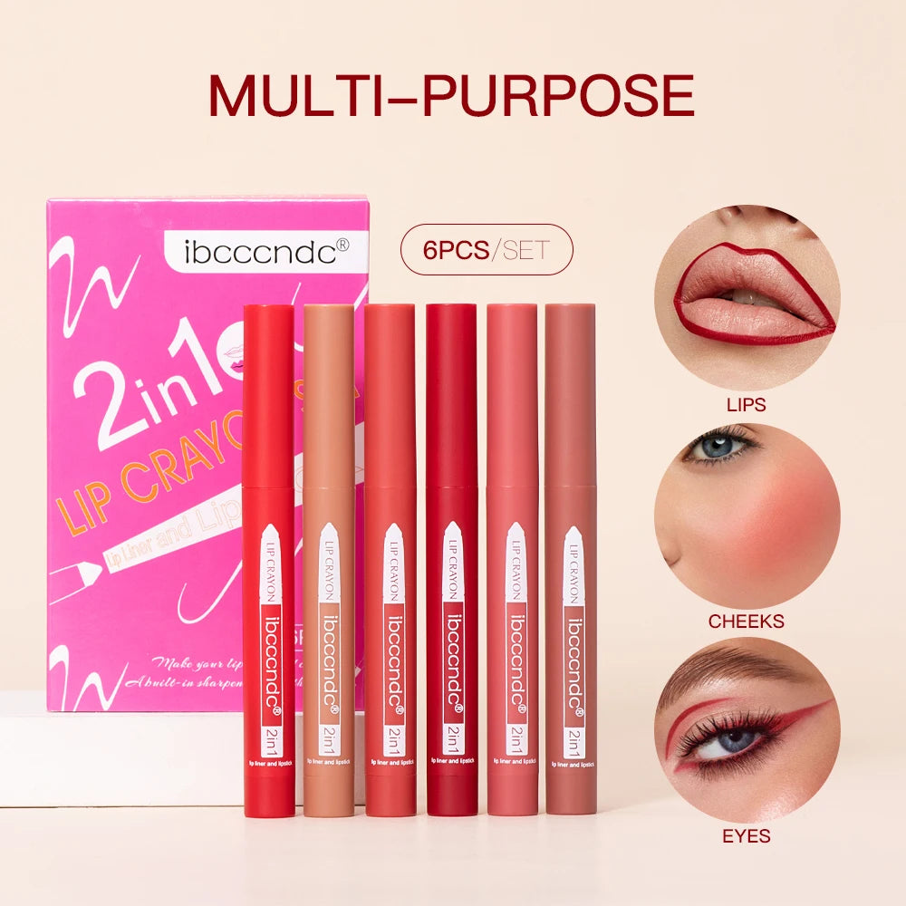 ibcccndc 6-Pc Matte Lip Liner & Lipstick Set | Built-In Sharpener