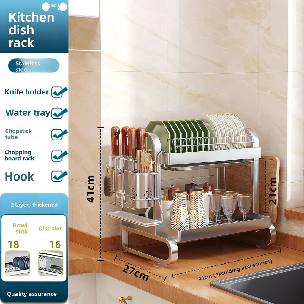 Stainless steel dish storage rack Drain rack Multi-layer kitchen rack Thickened square tube Multifunctional bowl and chopstick Oasis Select 2 floor full set