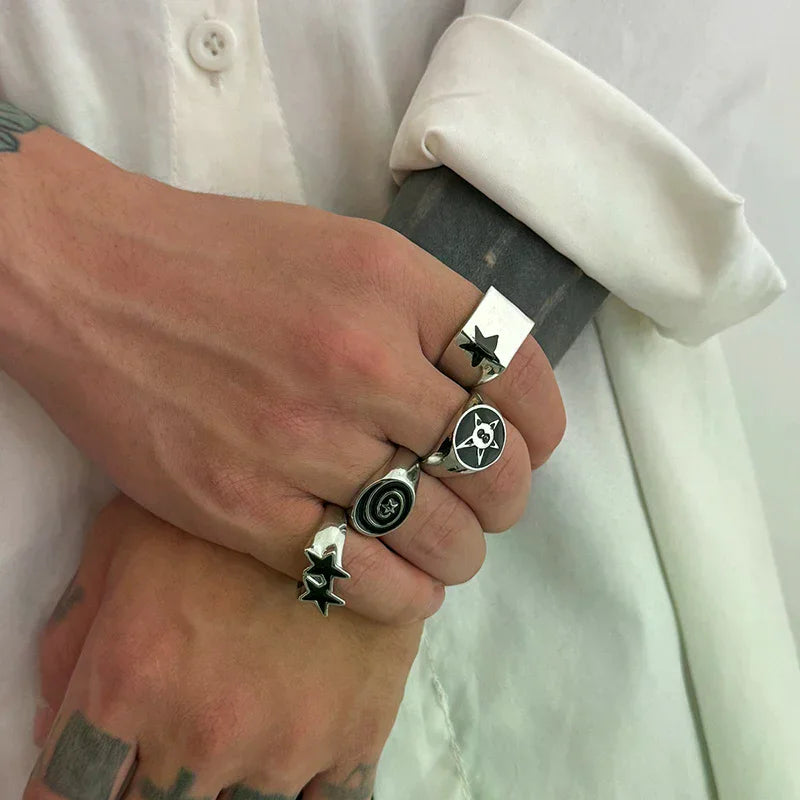 4Pcs/Set Black Five-Pointed Star Wide Rings For Men Hiphop Silver Color Geometric Thick Opening Finger Rings Sets Jewelry Gifts Oasis Select