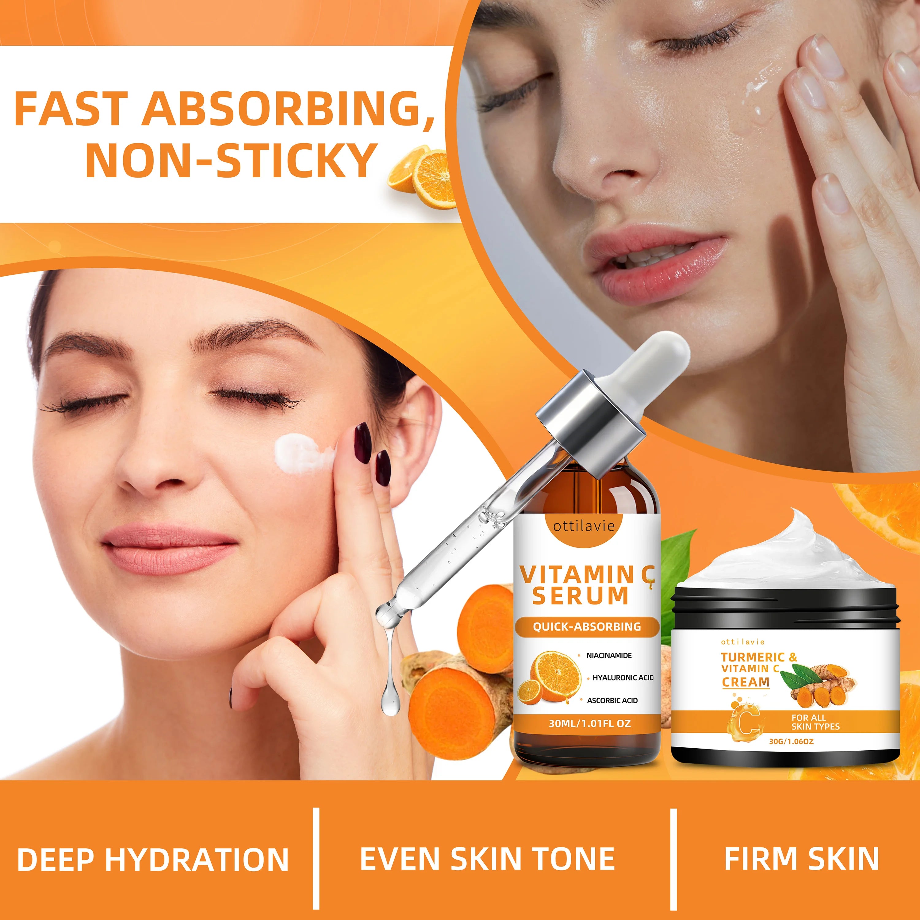Ottilavie Turmeric & VC Cream+Serum Skincare Duo Set, ace/Neck/Body,Unisex,All Skin Types, Lightweight Daily,Non-greasy Oasis Select