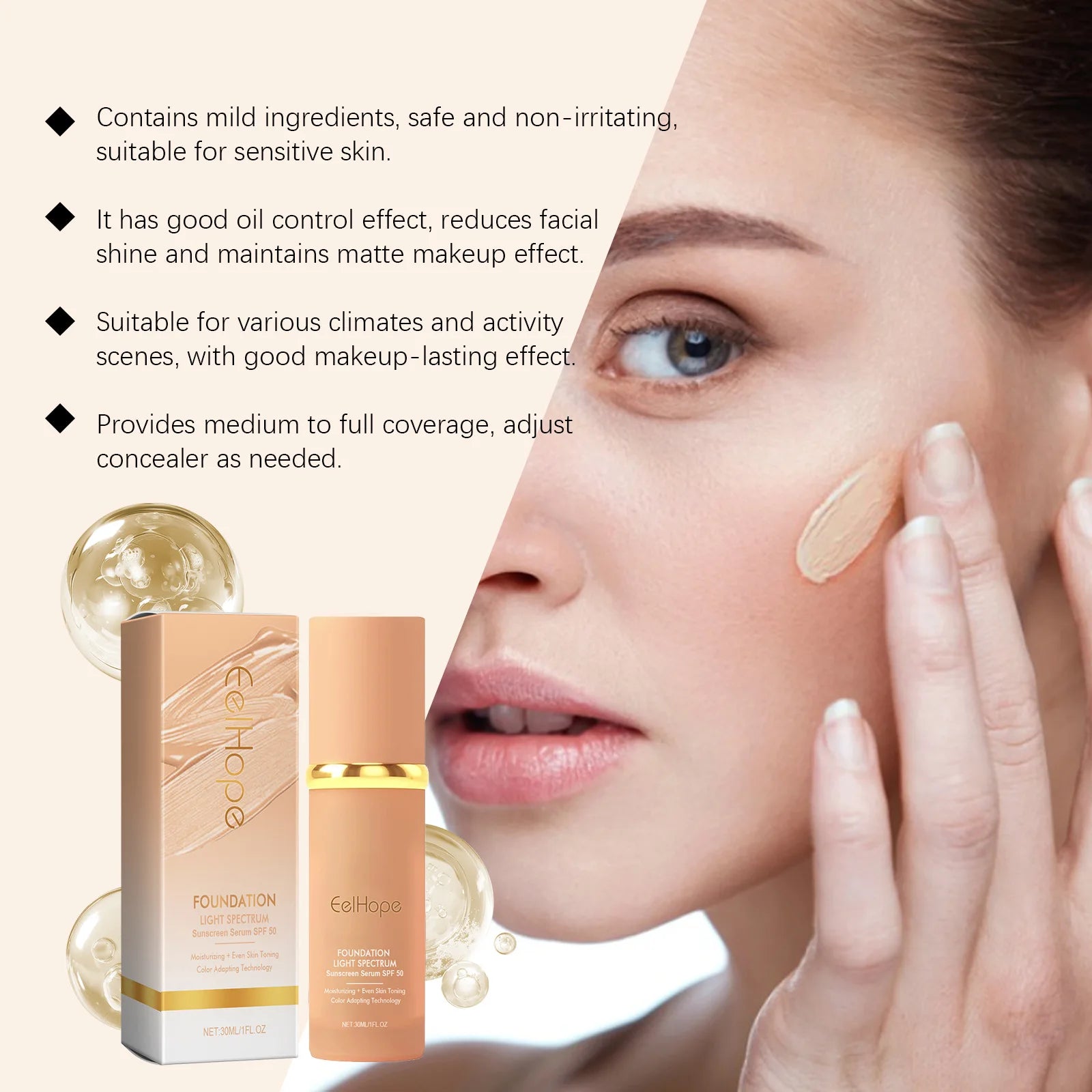 Eelhope 4-in-1 Foundation SPF 50 Full Coverage Concealer Primer Liquid Foundation Oasis Select