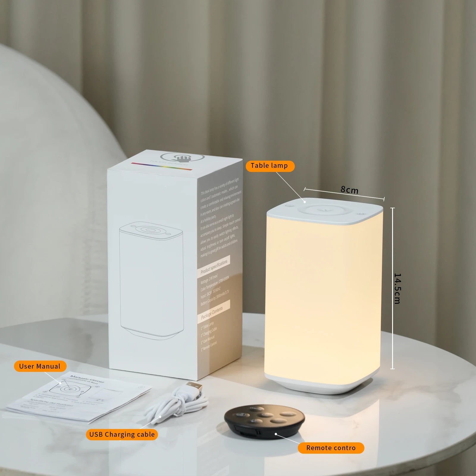USB Rechargeable Touch Table Lamp RGB Color Changing Night Light with Remote Control Bedside Table Lamp for Bedroom Living Room Oasis Select White
