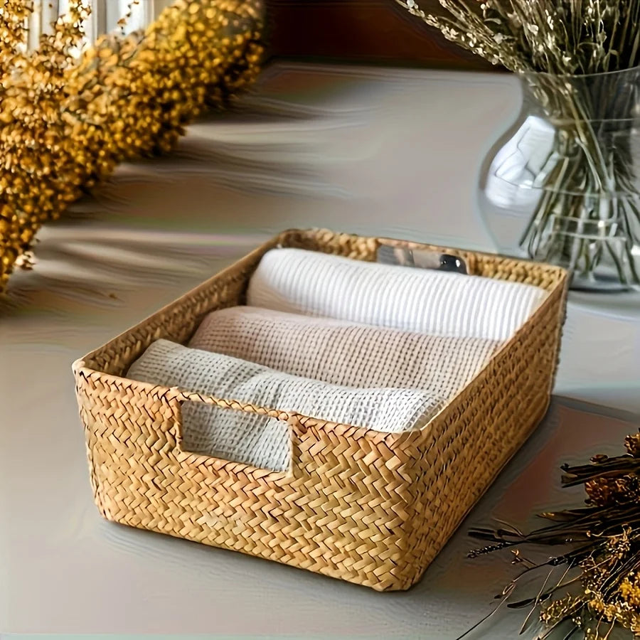 Handwoven Rattan Basket, Rectangular Storage Organizer for Bathroom Bedroom Living Room, Durable Wicker Decor Grocery Bag Holder Oasis Select