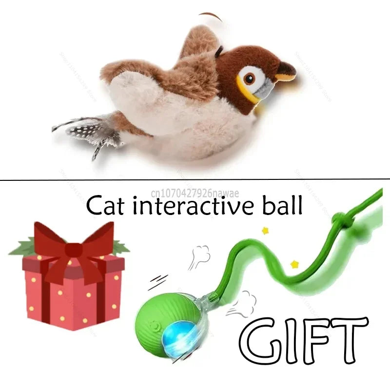 Interactive Cat Toys Rechargeable Electric Chirping Flapping Wings Bird with Catnip Cats Touch-Activated Squeaky Plush Toy Pet Oasis Select Sparrow - Green ball