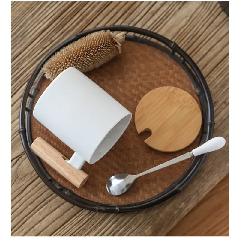 Creative 310ml Ceramic Coffee Mug with Wooden Handle & Lid Milk Cup Couple's Mug Office Kitchen Water Cup Drinkware Gift Box Set Oasis Select