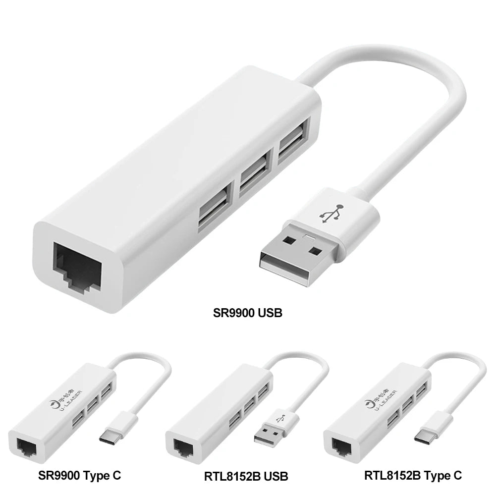 4-in-1 USB-C to RJ45 Ethernet Adapter + 3-Port USB 2.0 Hub USB-C Ethernet Hub Oasis Select