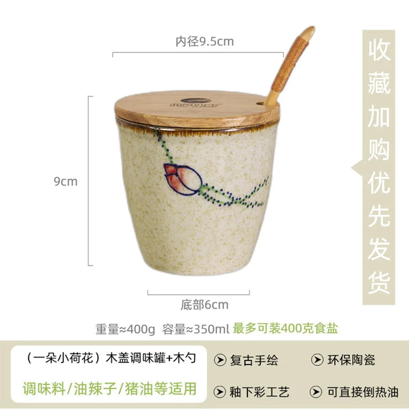 Ceramic Retro Seasoning Pot Hand-painted Salt Pot Oil Tank Pepper Pot for Kitchen Oasis Select 350ml wooden spoon 1