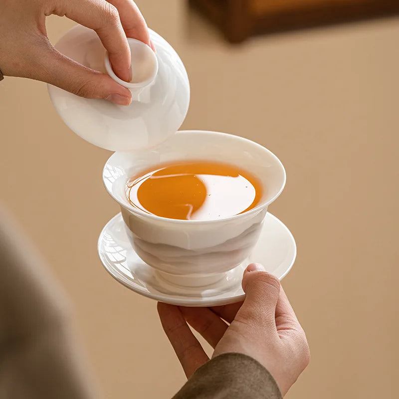 Yangzhi Jade Three-talent Covered Bowl Single High-end Non-scalding Tea Bowl with Lid White Porcelain Kung Fu Tea Set Tea Oasis Select