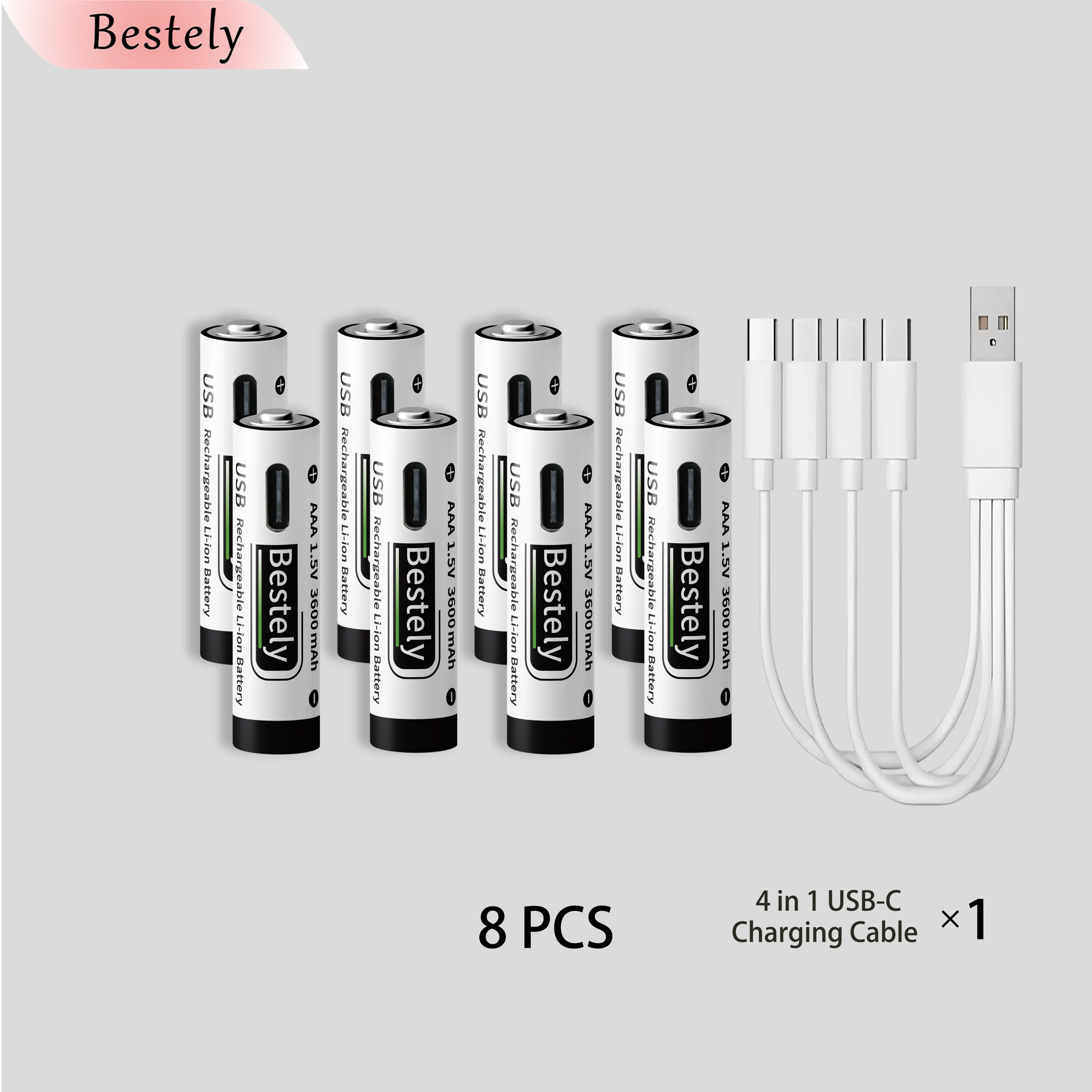 New USB-C 1.5v AAA 3600mAh Rechargeable Lithium ion Battery,Rechargeable AAA Li-ion Type-C Battery,2000 times cycle with Cable Oasis Select 8 pcs Batteries