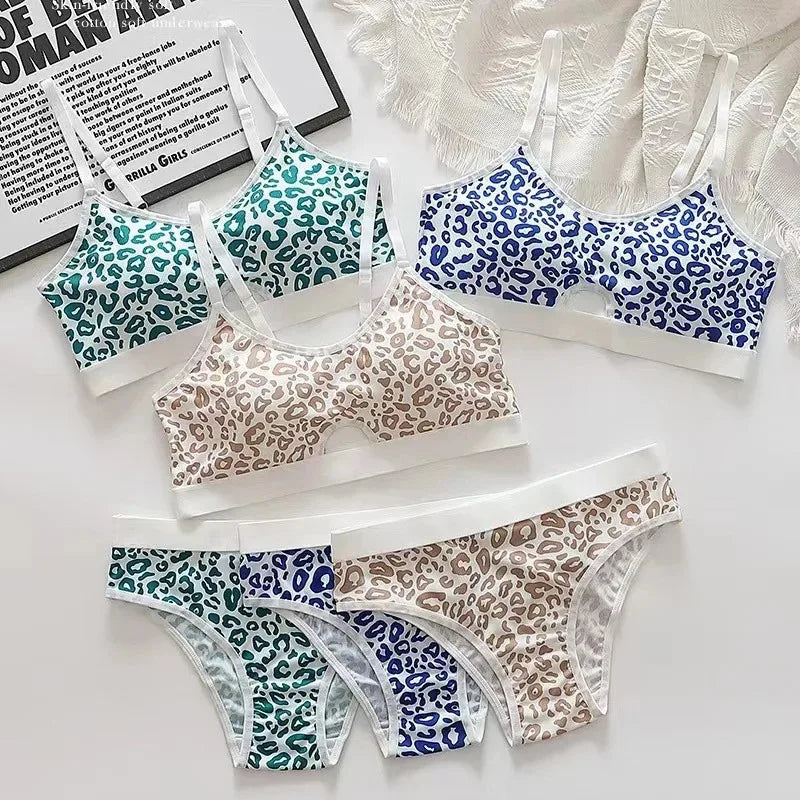 1-4pcs Summer Set New Women's Leopard Print Traceless and Steel Rim Bra Adjustable Shoulder Strap Back Women's Underwear Set Oasis Select
