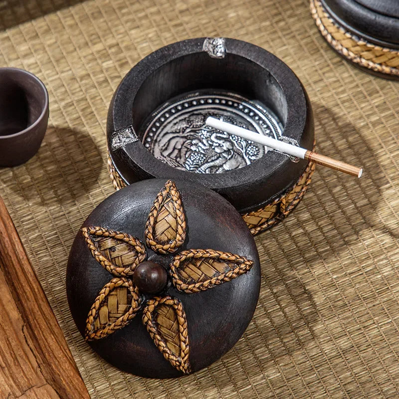 Solid Wooden Ashtray with Cover New Chinese Retro Home Living Room Office Tea Table Zen Decoration Creative Ashtray Oasis Select
