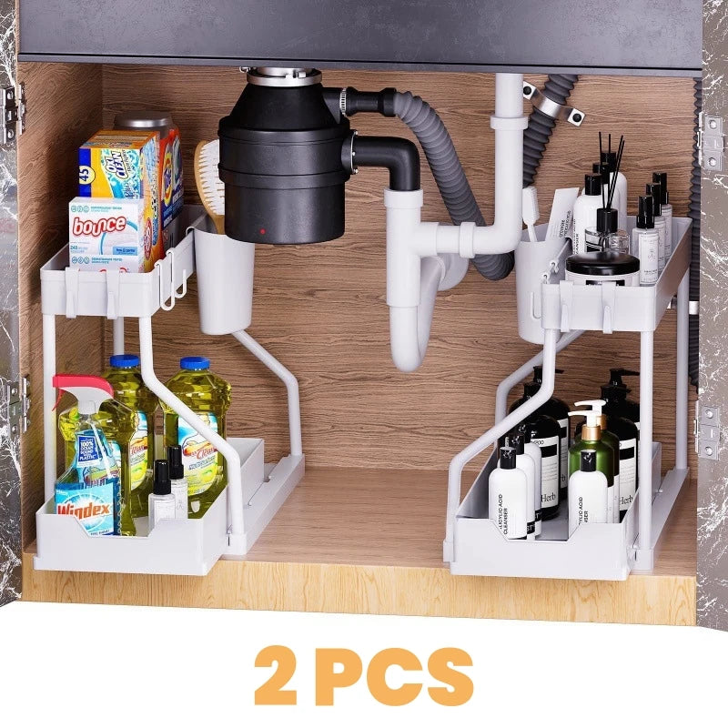 Space-Saving Organizer shelf 2-Tier Pull-Out Storage Organizer Durable Large Capacity Drawer for Kitchen and Bathroom Essentials Oasis Select White-2 ties-2 Pack