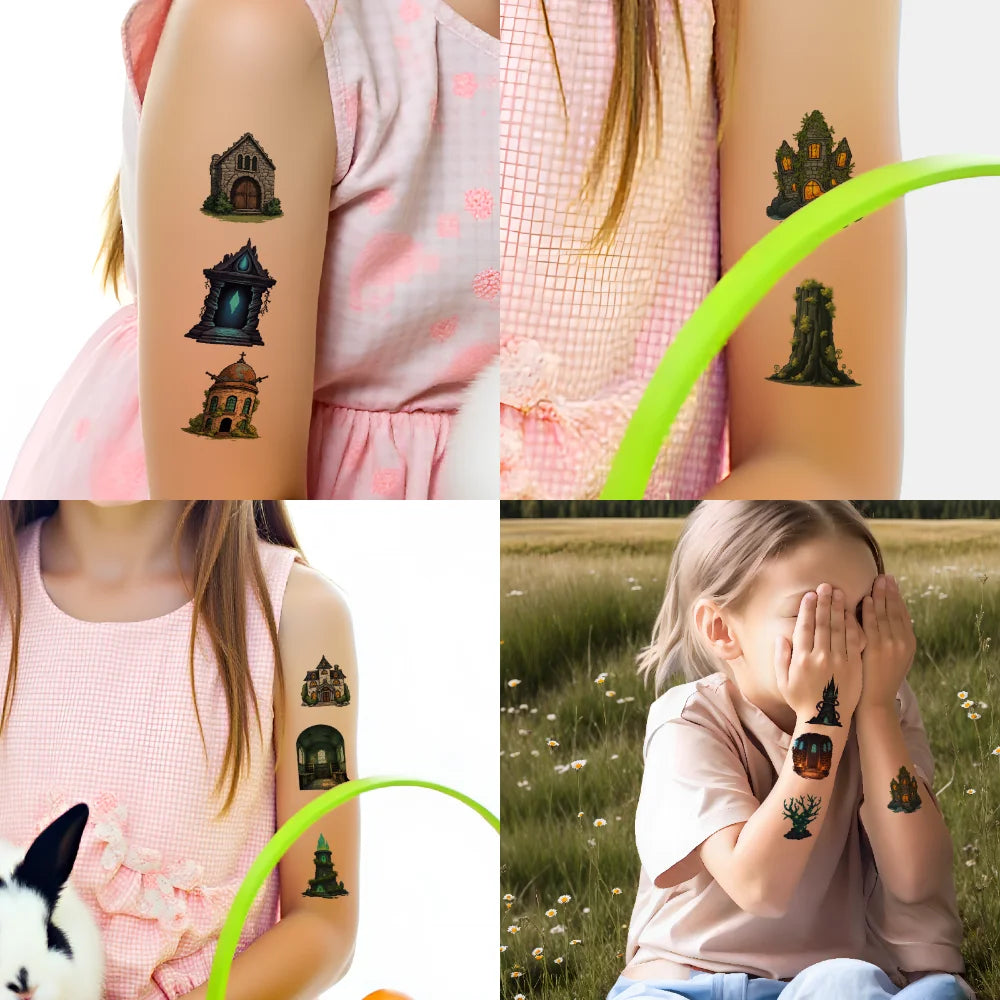 54pcs Fantasy Castle & Tree Temporary Tattoos – Waterproof Stickers