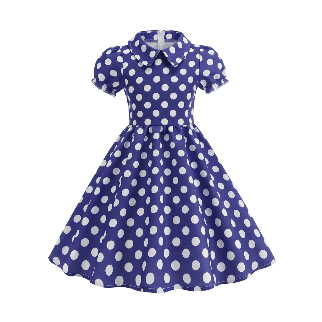 2025 Children Little Girl Vintage Summer Short Dress Turn Down Collar Polka Dot Print Cotton Princess Cocktail Dresses 1950s 60s Oasis Select Light Blue 150