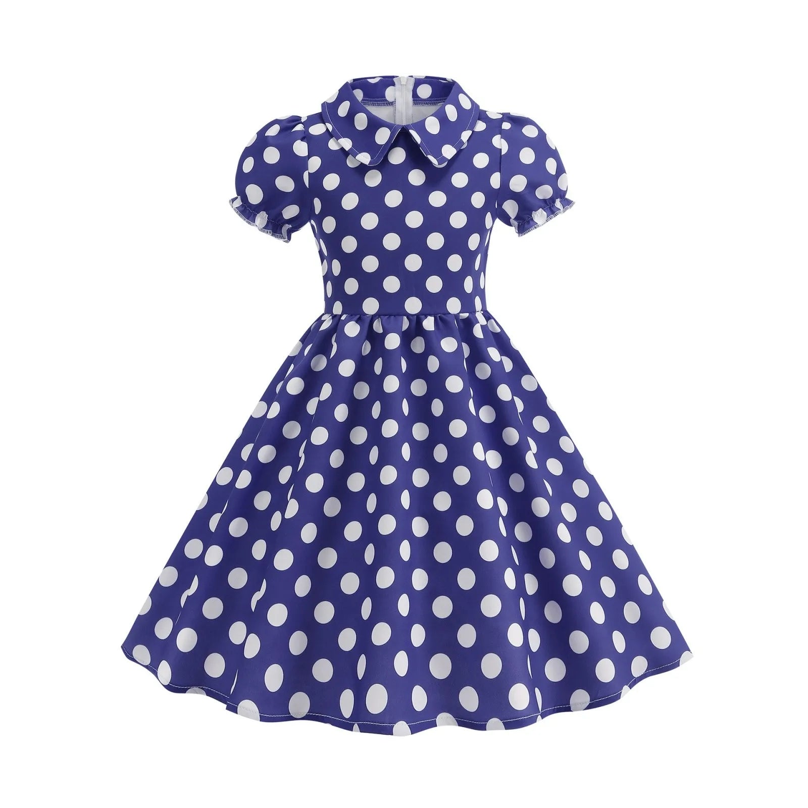 2025 Children Little Girl Vintage Summer Short Dress Turn Down Collar Polka Dot Print Cotton Princess Cocktail Dresses 1950s 60s Oasis Select Light Blue 150