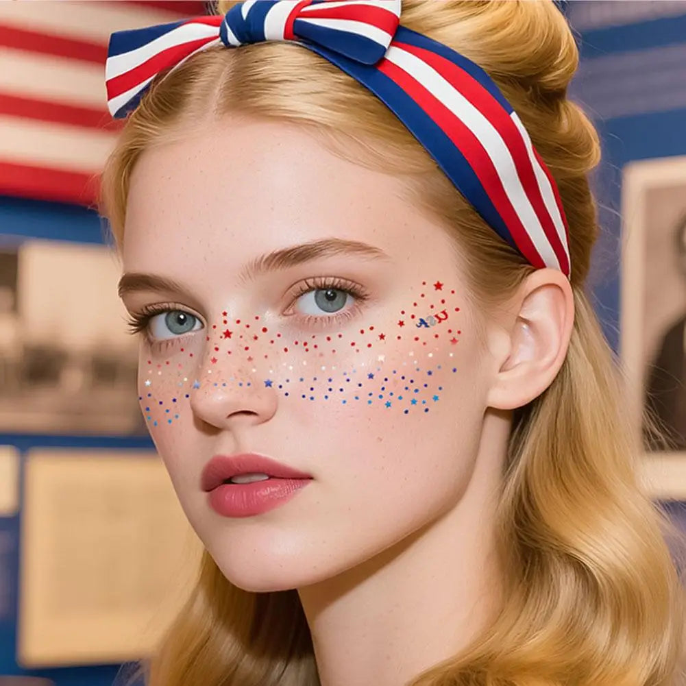 Fourth of July Face Tattoos, 2Pcs Glitter Freckles Face Tattoos Makeup for Independence Day Patriotic Party Supplies Fake Tattoo Oasis Select