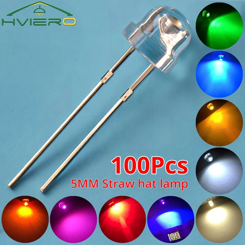 100Pcs 5mm Straw Hat LED Diodes – Wide Angle DIY Light Beads LED Diode Pack Oasis Select