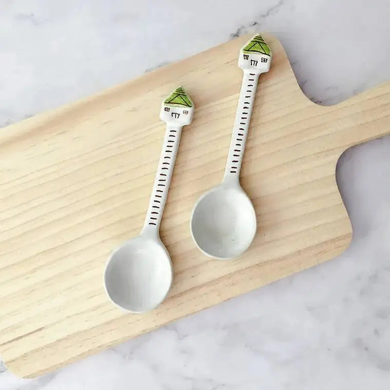Ceramic Spoon Hand-painted Cute House Dessert Spoon Ice Cream Spoon Kitchen Tablewear Oasis Select 2PCS--Light Green