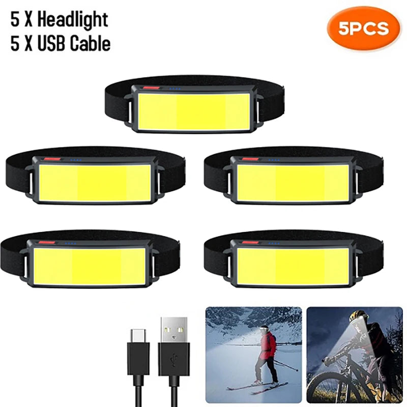 Powerful COB LED Headlamp Type-c Rechargeable Head Flashlight Built-in Battery Outdoor Fishing Camping Lantern Waterproof Torch Oasis Select 5pcs StyleA