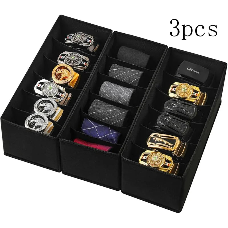3-Pack Black Fabric Belt& Tie Organizer, Closet Organization Drawer Storage, Foldable Non-Woven Holder for Dresser Oasis Select 3pcs Black