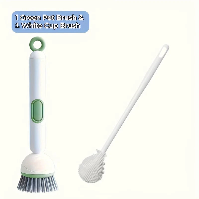 2pcs Heavy-Duty Dish Cleaning Brush Set with Detergent Dispenser - Rotating Scrubber & 2 Long Reach 90° Cup Brushe Oasis Select green