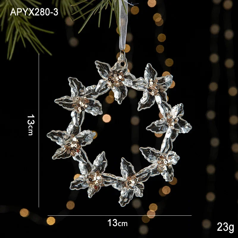 Christmas Tree Toys Acrylic Elk Bells Pendant Transparent Snowflake Pendants With Sequins Home Xmas Party Decoration Accessories Oasis Select wreath