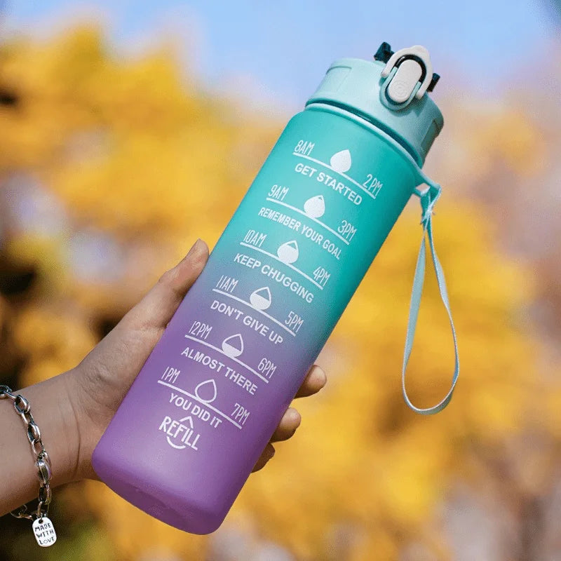 2 Liter Water Bottle with Straw Female Girls Large Portable Travel Bottles Sports Fitness Cup Summer Cold Water with Time Scale Oasis Select green purple-900ml 2.0L