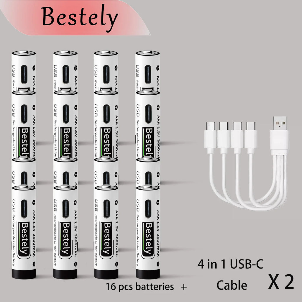 New USB-C 1.5v AAA 3600mAh Rechargeable Lithium ion Battery,Rechargeable AAA Li-ion Type-C Battery,2000 times cycle with Cable Oasis Select 16 pcs Batteries
