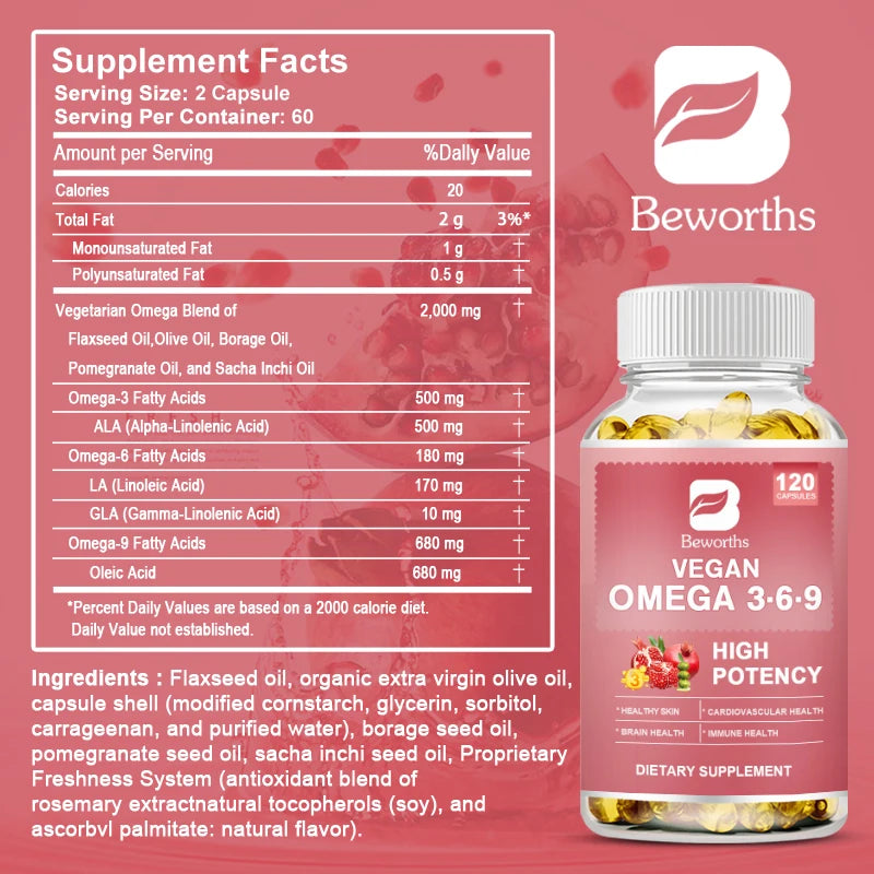 BEWORTHS Omega 3，6，9 Capsules rich in Fatty Acids Support Immune Health, Brain, Skin and Cardiovascular Health Oasis Select